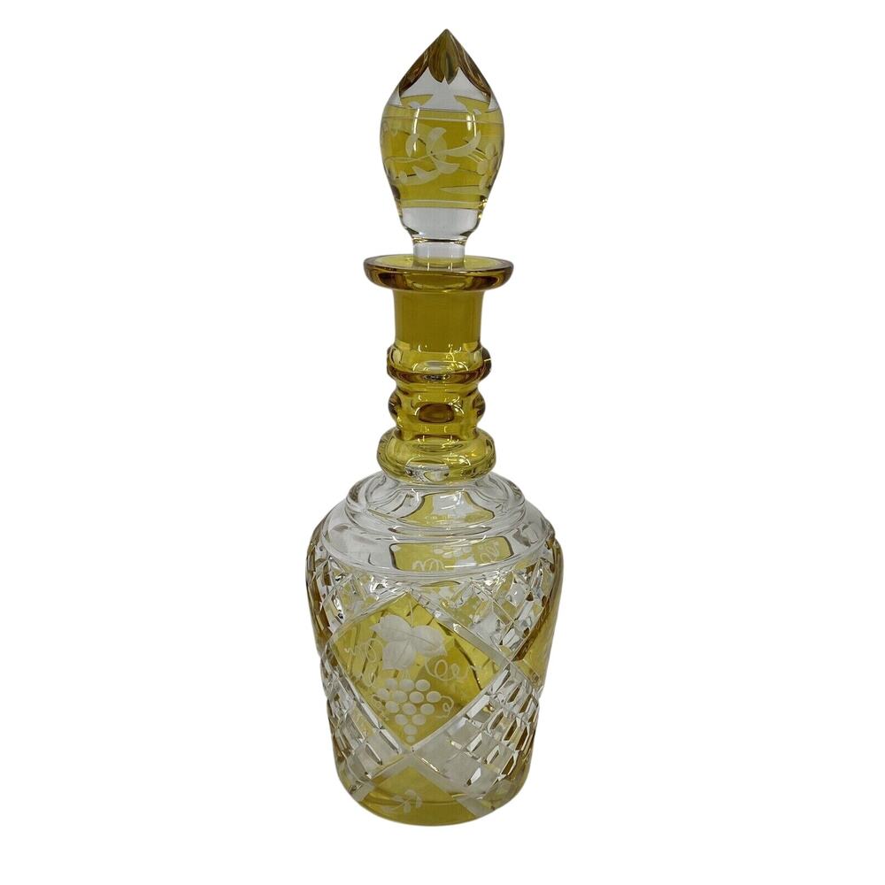 Bohemian Bright Yellow Cut to Clear Glass Decanter Tear Drop Stopper Grape Etch